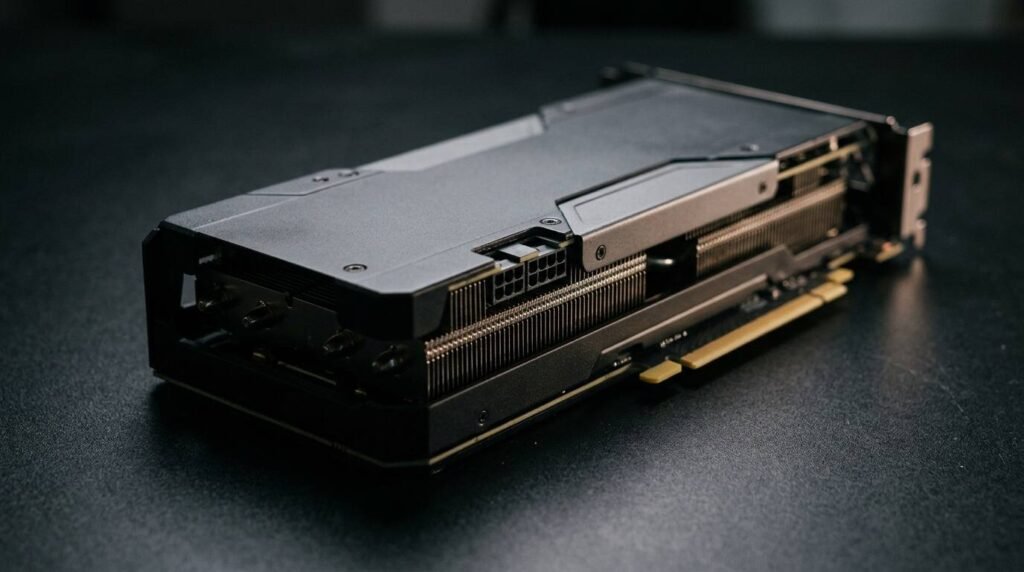 Dark accelerator card with a large heatsink on a black surface