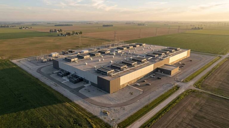 Aerial view of a large windowless data center building with rooftop cooling units on flat farmland at golden hour