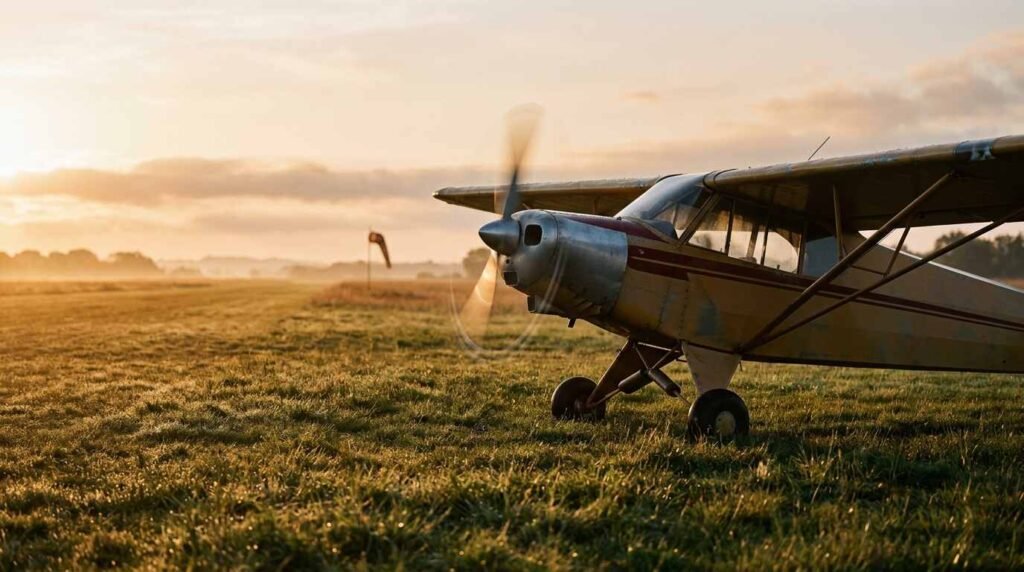 Vintage propeller airplane on a grass airstrip with the propeller blurred by motion