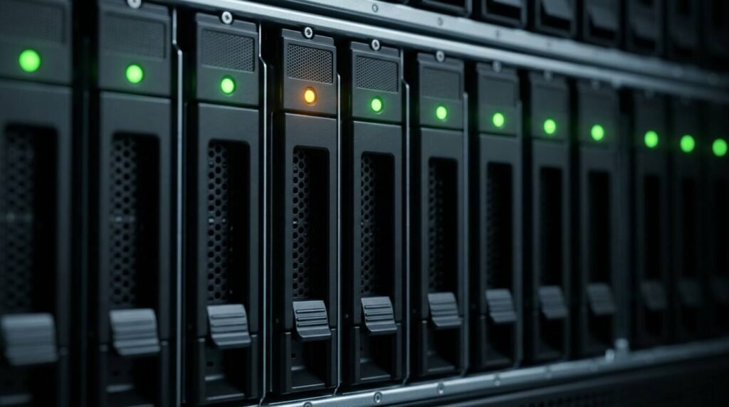 Server drive bay with one amber warning LED among green ones