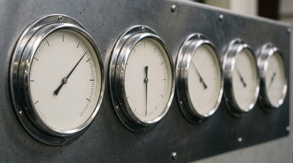 Row of analog dial gauges on an instrument panel