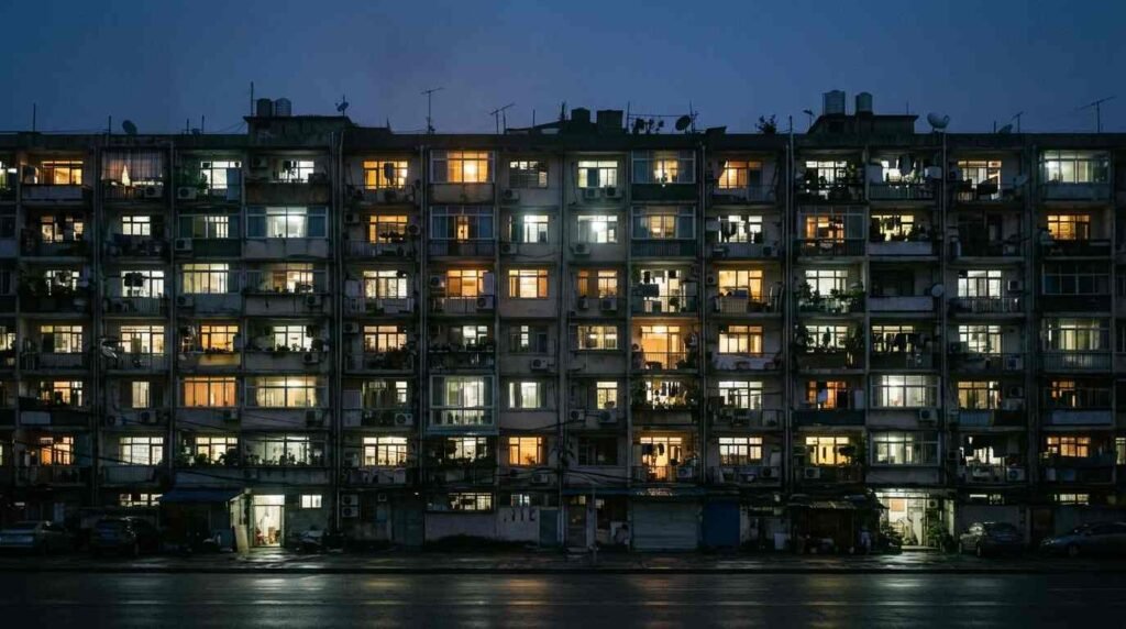 Dense apartment building at blue hour with glowing windows and rooftop antennas