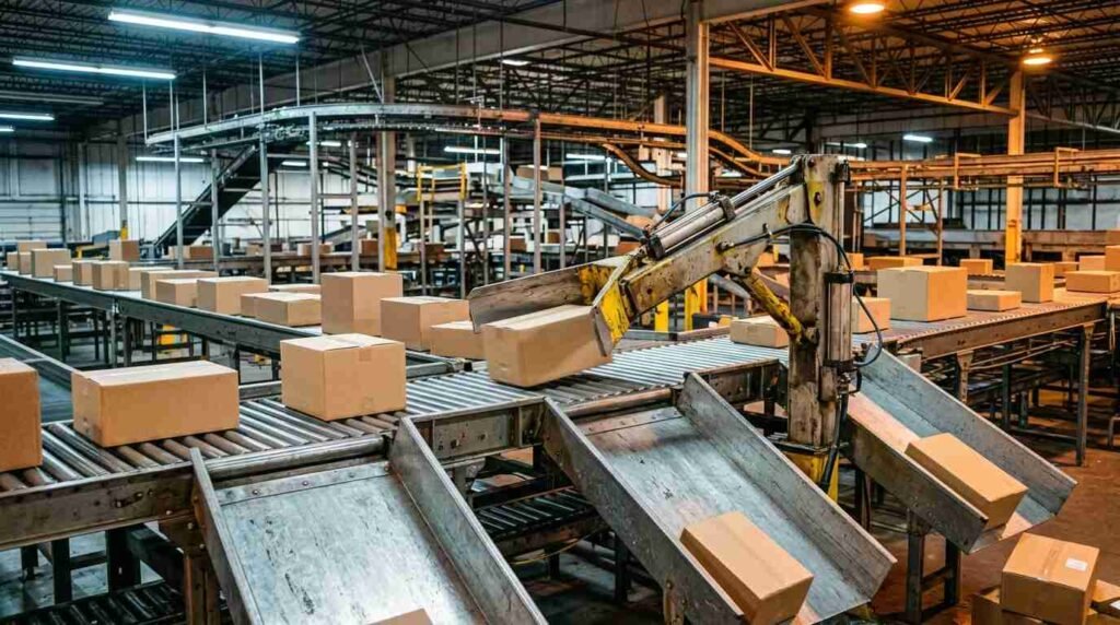 Automated parcel sorting line in a warehouse
