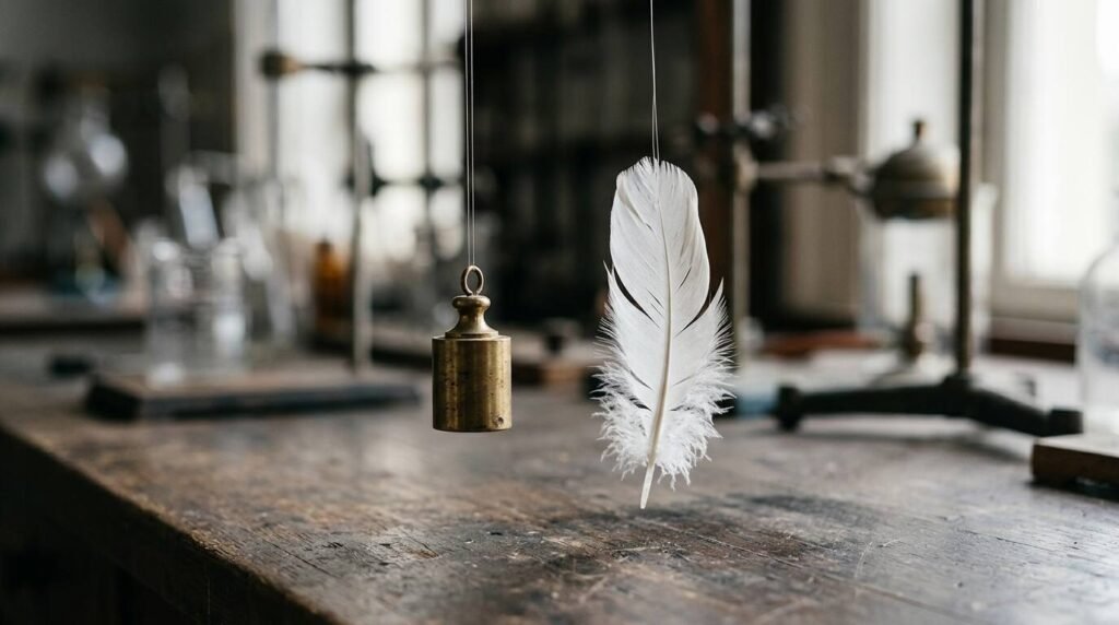 Brass weight and a feather hanging side by side on a lab bench