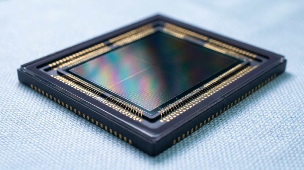 Bare full-frame CMOS image sensor with rainbow diffraction on a cleanroom cloth