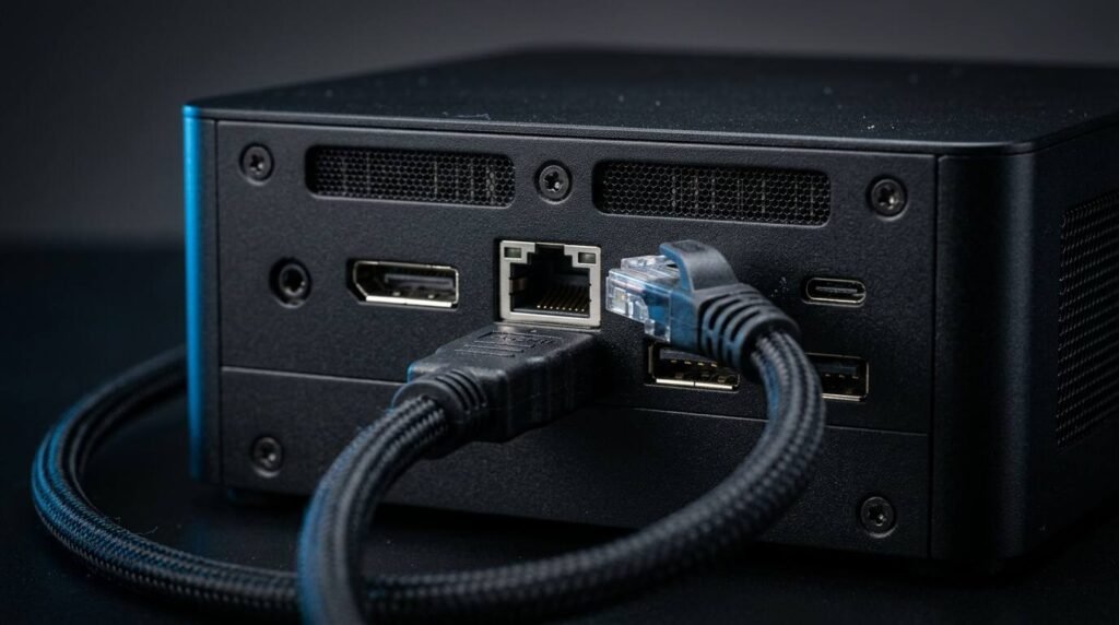 Rear panel of a mini PC with HDMI and Ethernet cables plugged in
