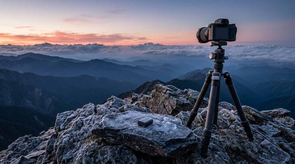 Mirrorless camera on a tripod at a mountain ridge before sunrise