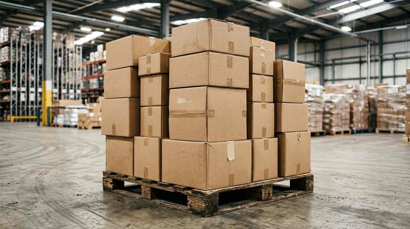 Stack of plain cardboard shipping boxes on a pallet in a bright warehouse