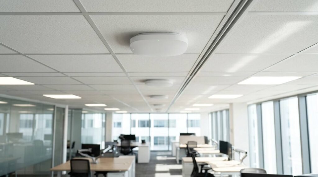 Ceiling-mounted wireless access points in a modern open-plan office
