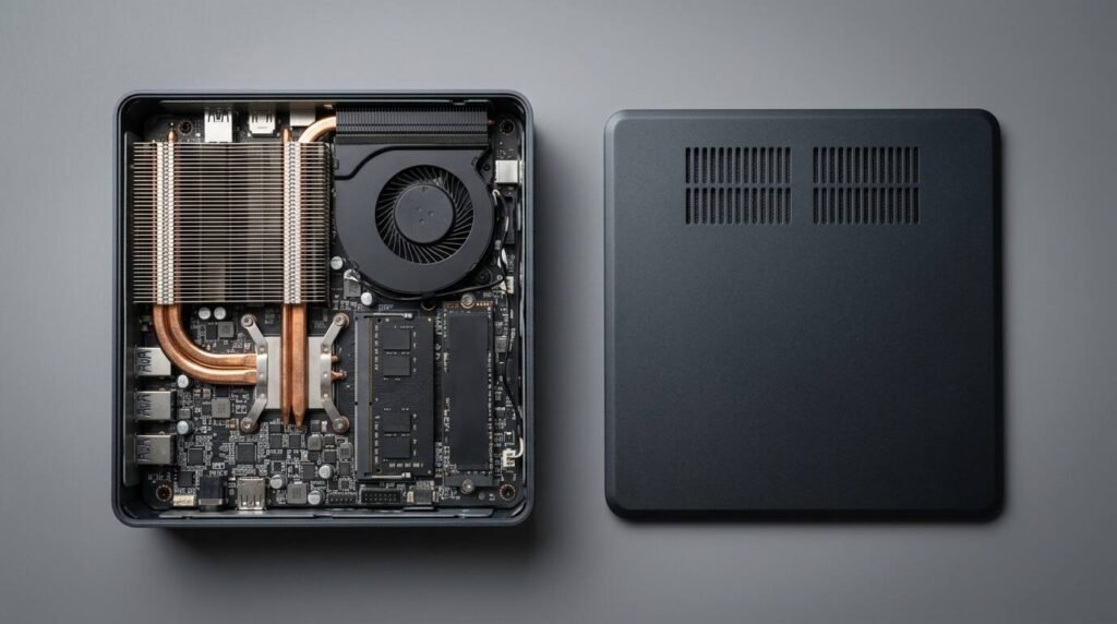 Mini PC with its top cover removed showing heatsink, copper heat pipes and fan