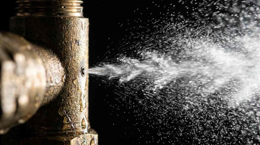 Macro view of a compressed-air jet escaping a pinhole in a brass pipe fitting