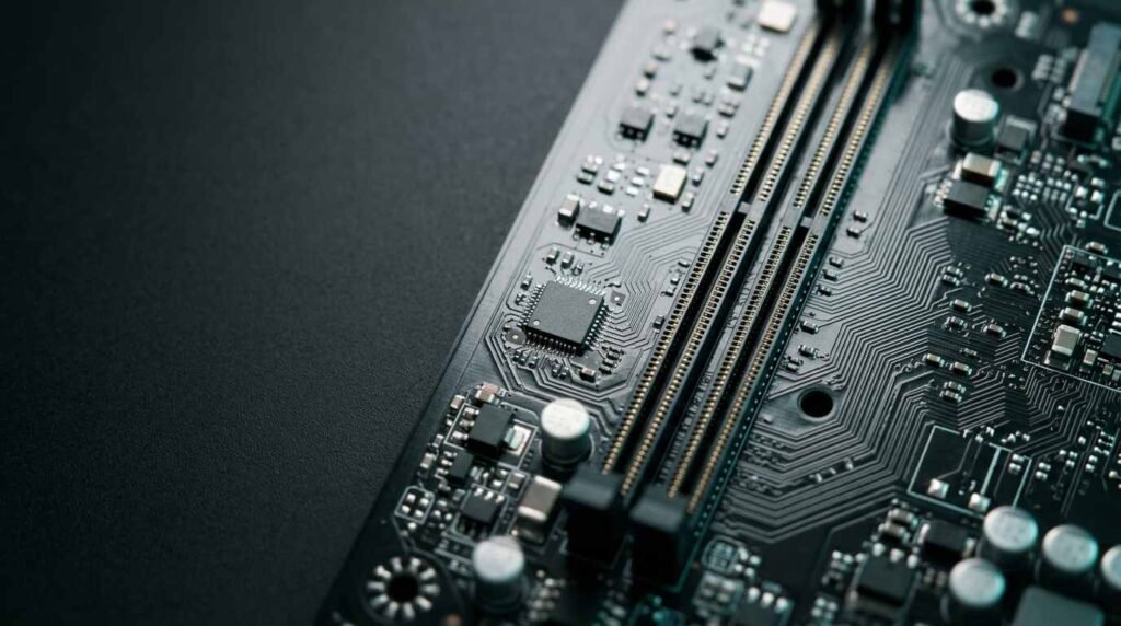 Top-down macro of a motherboard with a flash memory chip and empty memory slots
