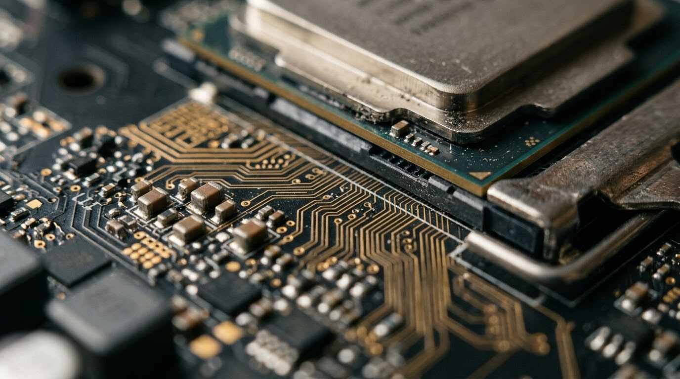 Macro view of a computer processor chip on a dark circuit board with fine gold traces