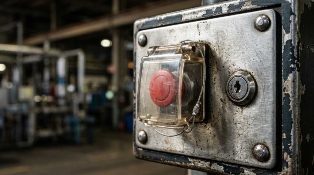 Industrial control panel with a red button under a wire-sealed safety cover