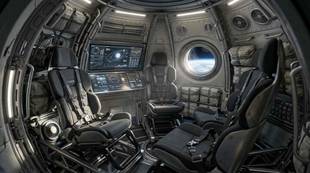 Interior of a crew capsule cabin with four empty seats and a window onto Earth