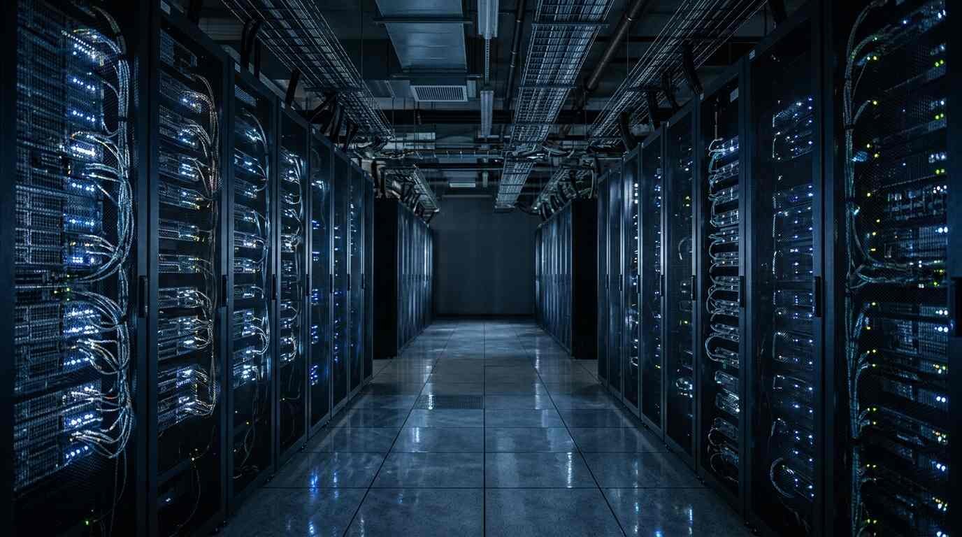 Dim data center aisle lined with server racks and blue indicator lights