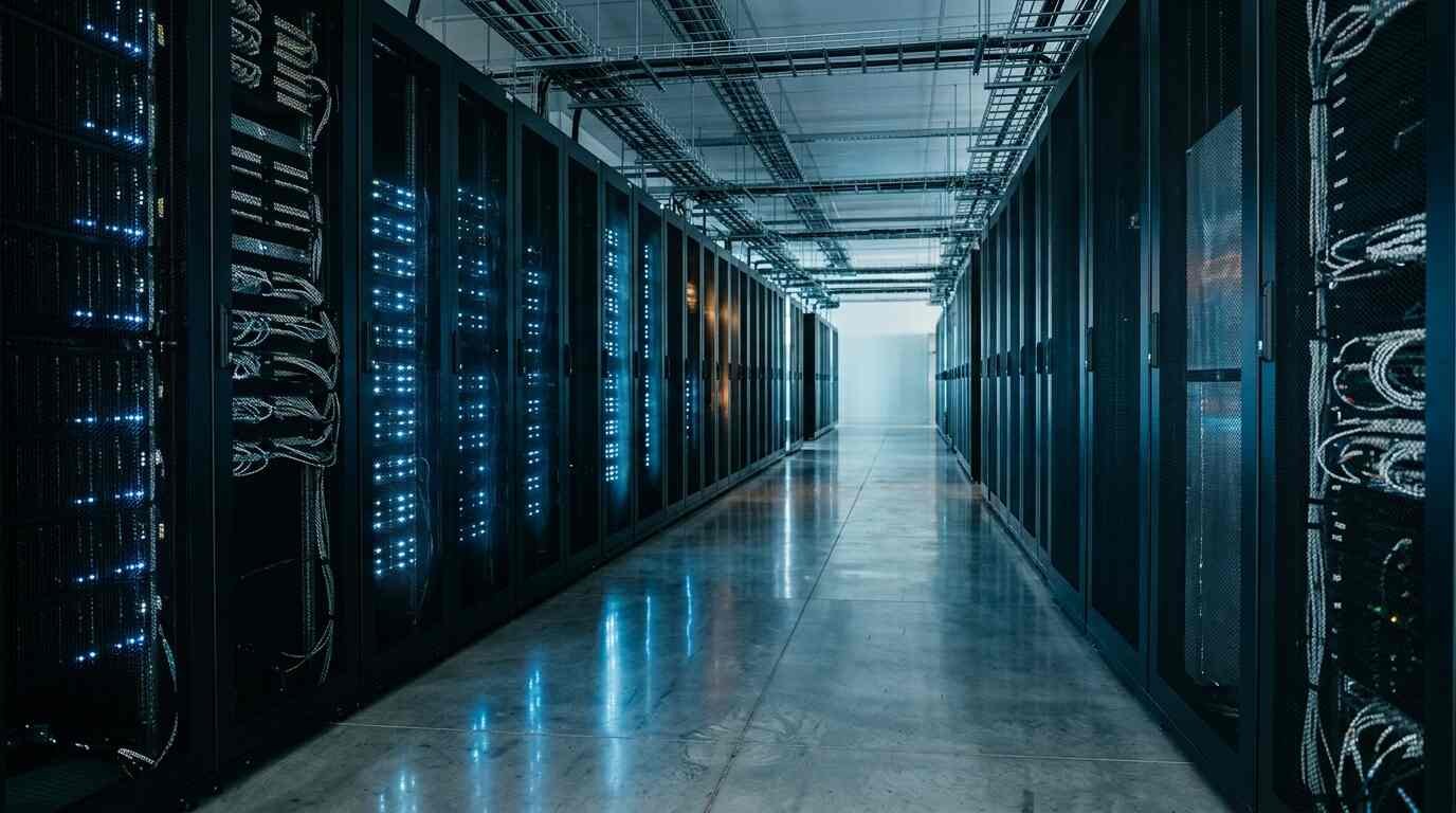 Empty data center aisle between two rows of server racks with blue status lights