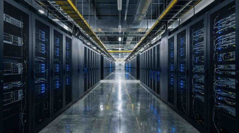 A long data center aisle lined with dark server racks and blue indicator lights