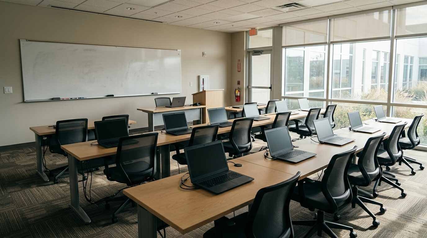 A bright empty training classroom with rows of laptops and a blank whiteboard