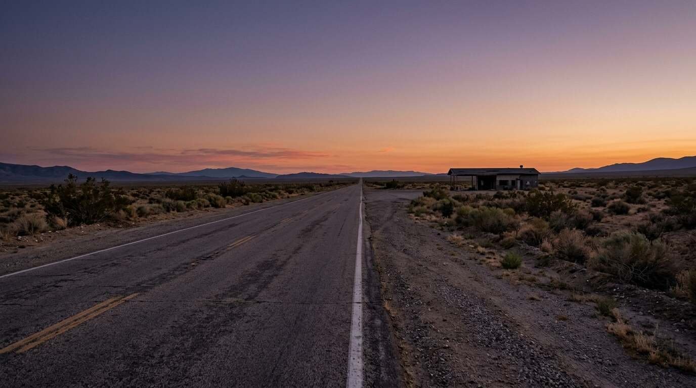 Empty desert highway at dusk under an orange and purple sky with a lone building in the distance