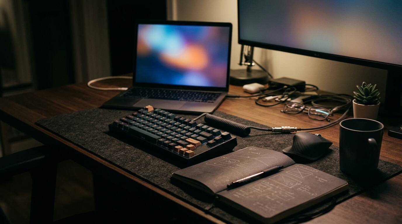 Developer desk with a laptop, mechanical keyboard and notebook in a dim room lit by a monitor