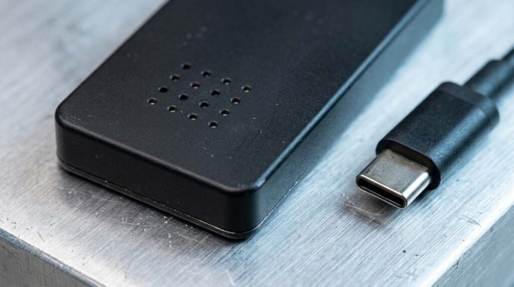 Close-up of a handheld microphone array module with sixteen pin-hole ports beside a USB-C connector
