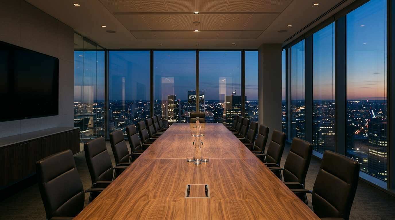 An empty glass-walled boardroom with a long walnut table at dusk and city lights outside