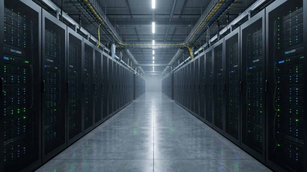 Empty data center aisle lined with server racks