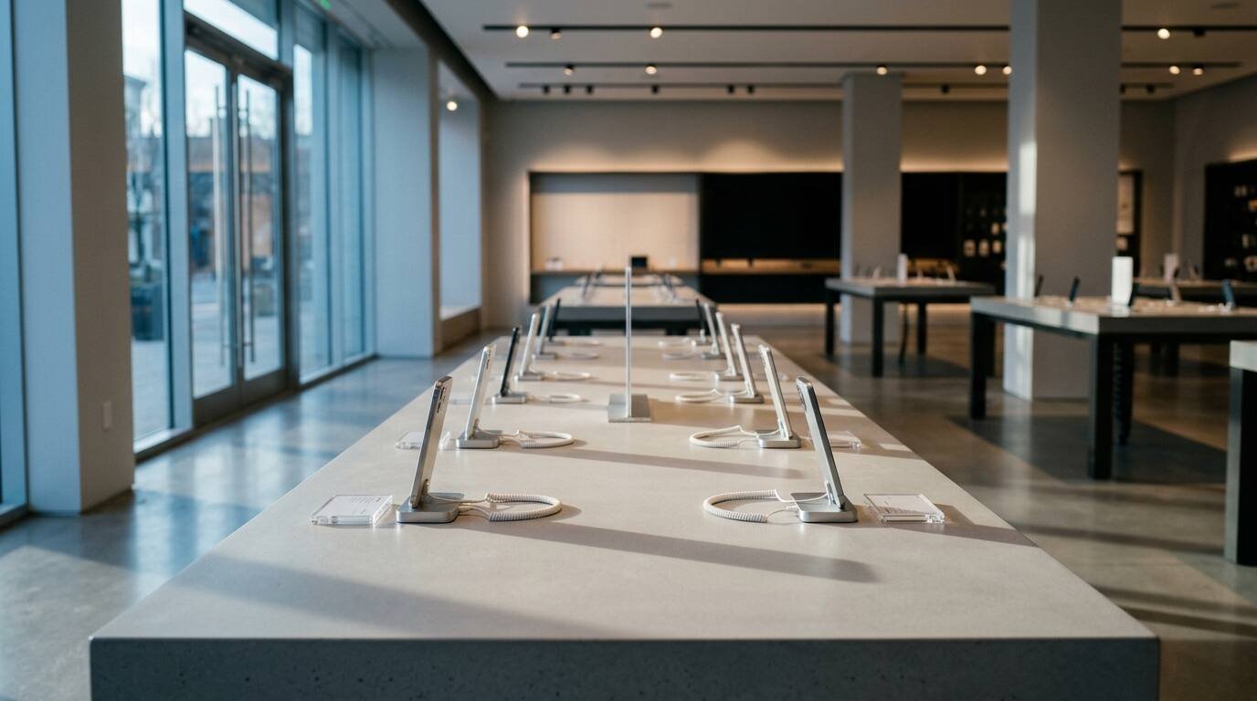 Empty modern electronics store counter with rows of blank smartphone display stands in soft overhead light