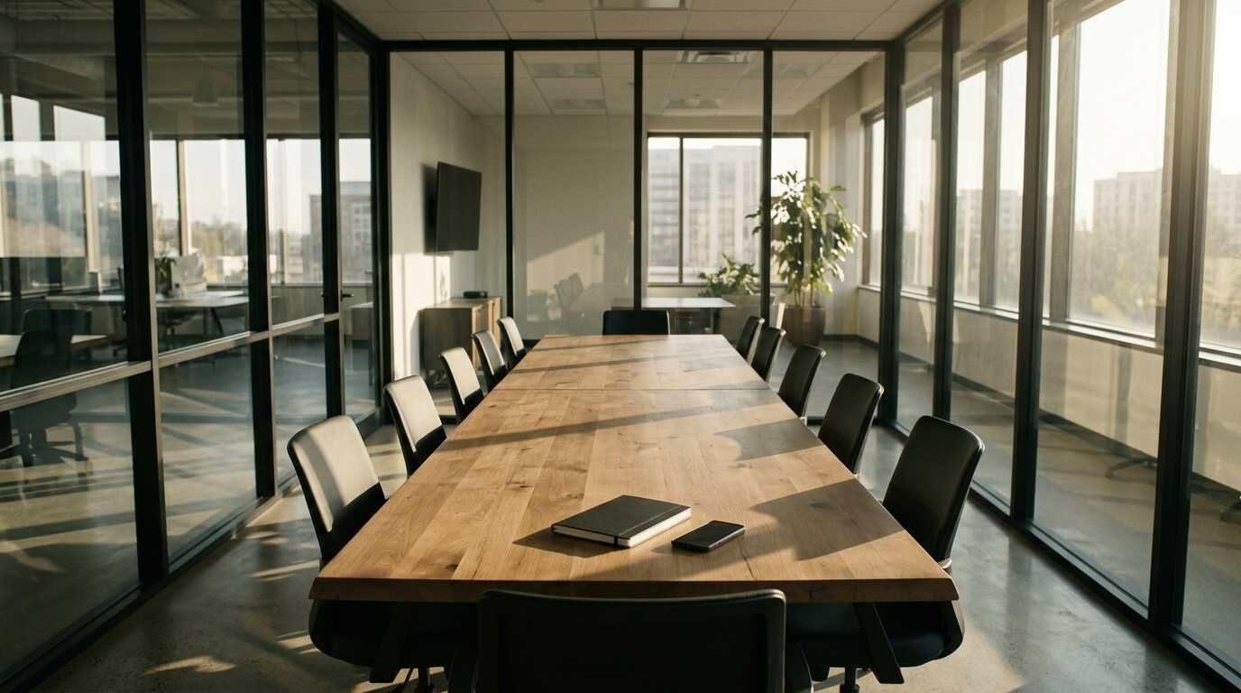 Empty glass-walled meeting room with a long wooden table, a closed notebook and a smartphone