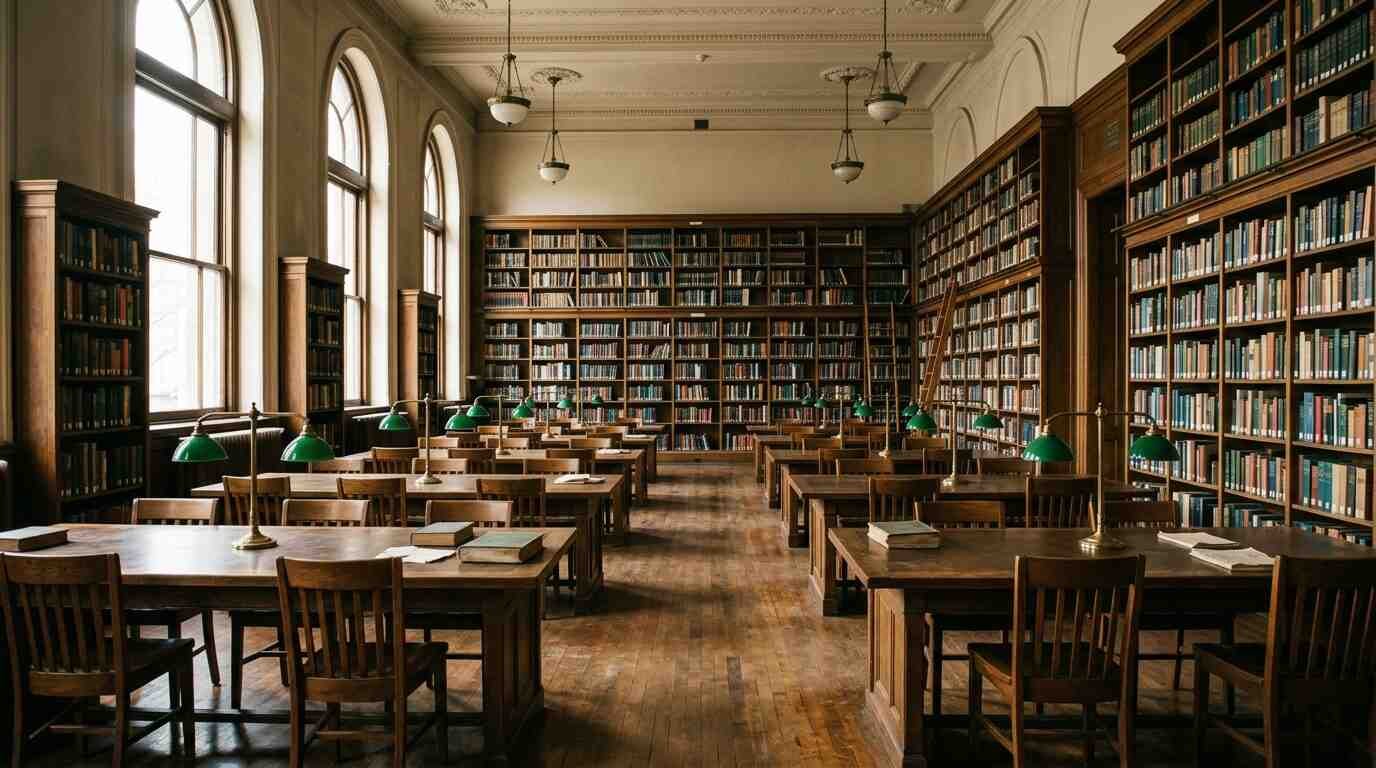 An empty public library reading room with wooden tables, green-shaded lamps and tall windows