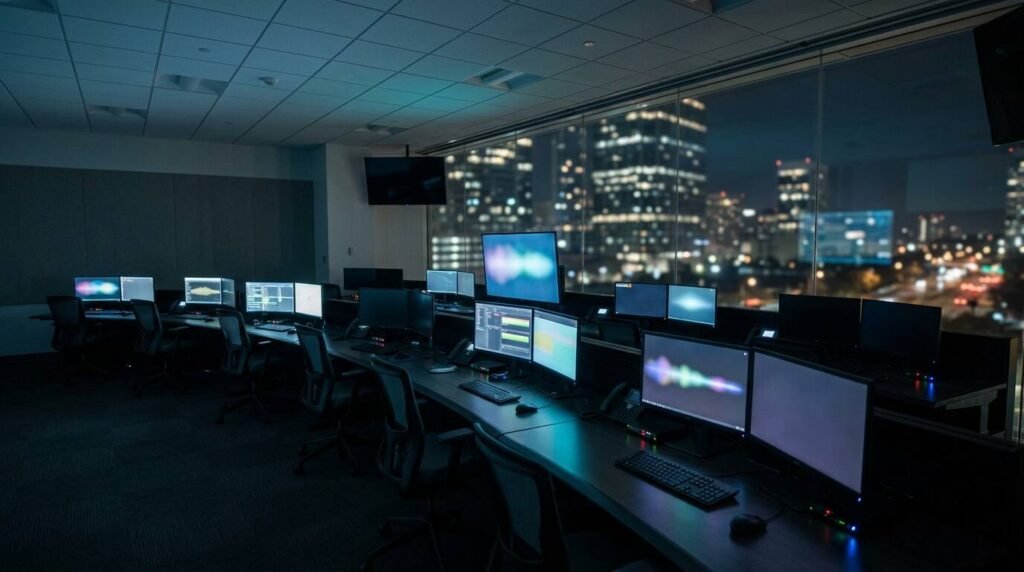 Empty security operations room at night with dark monitors and blue light