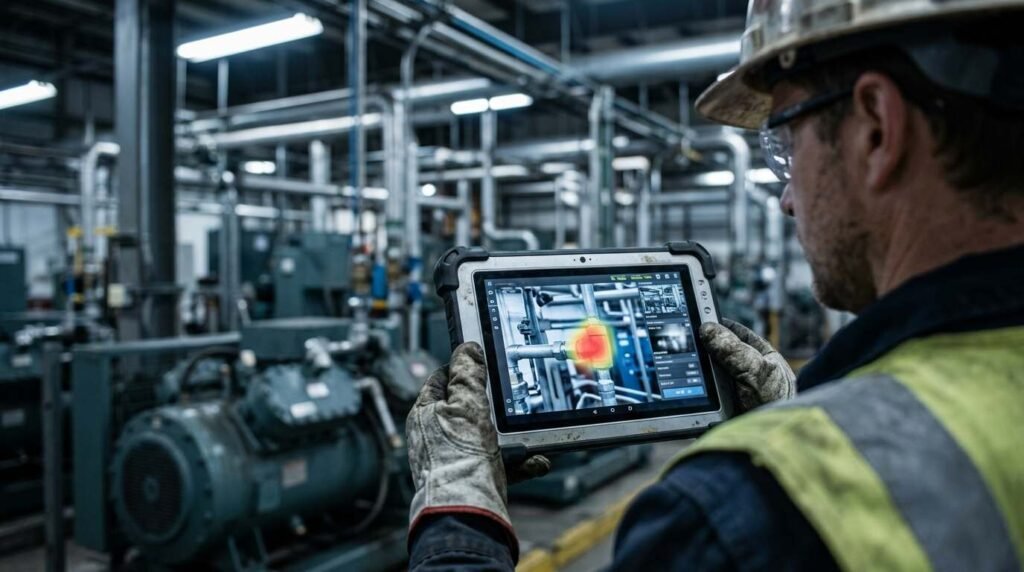 Engineer reviewing a tablet showing a heat-map overlay on a compressed-air line