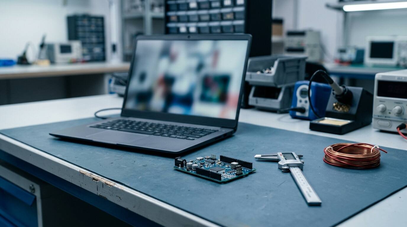 Engineering workbench with a laptop, circuit board, calipers and a coil of copper wire