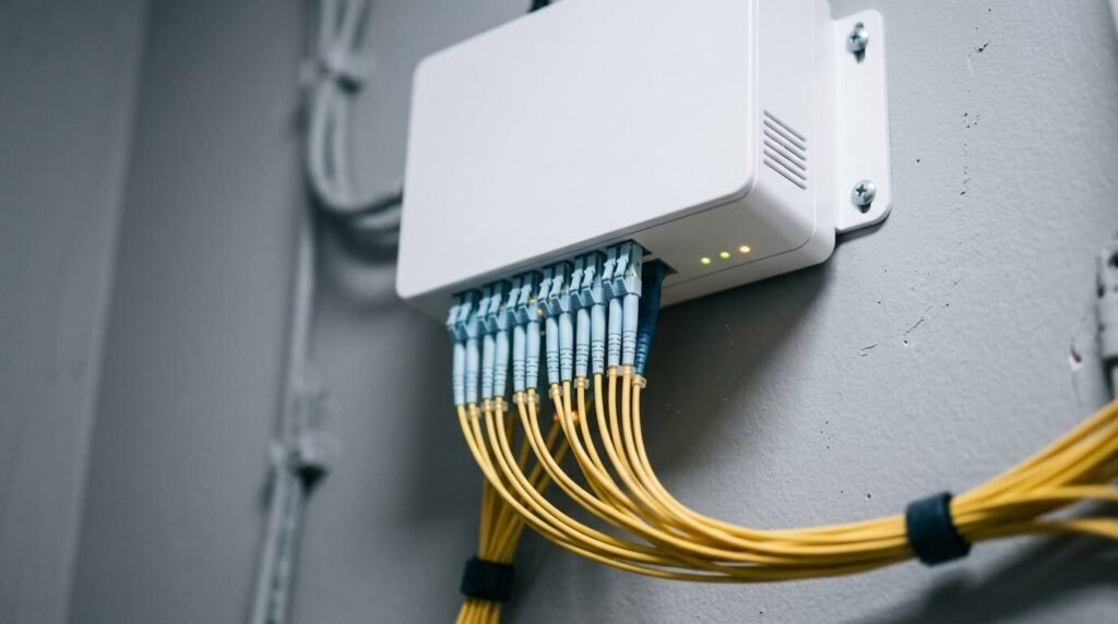 Fiber-optic cables plugged into a wall-mounted network gateway box