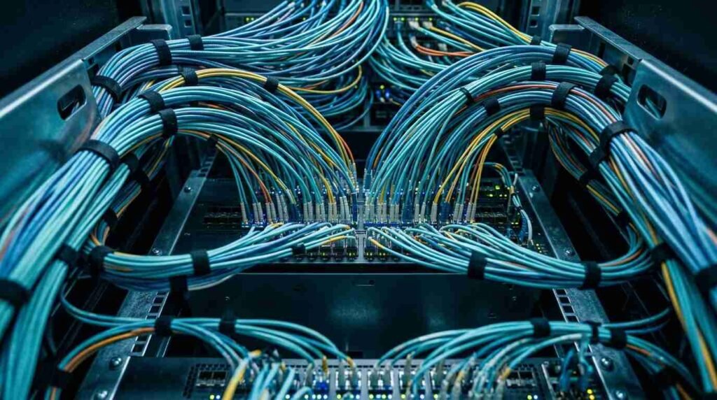 Dense fiber-optic cabling converging into a network switch