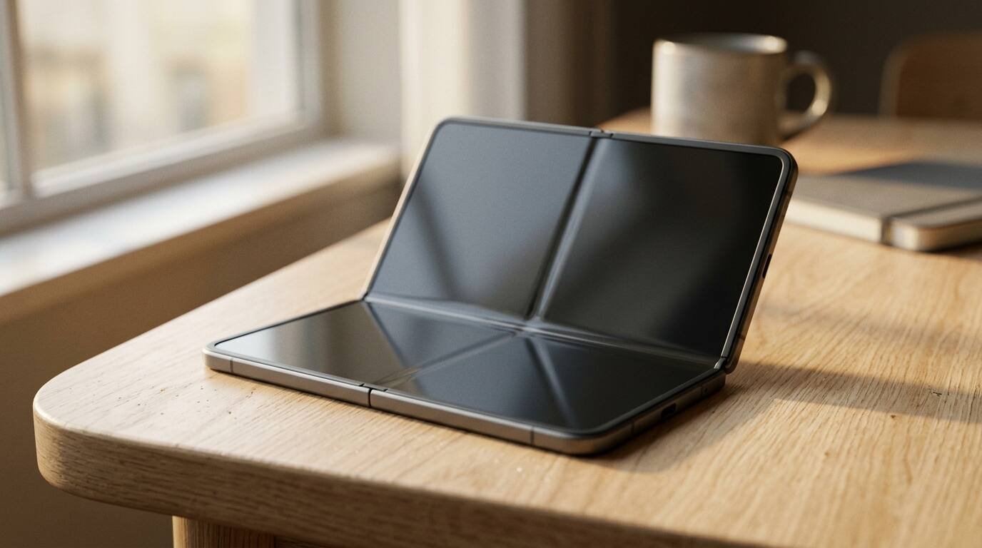 Unbranded book-style foldable smartphone standing half-open on a pale oak table in soft morning window light