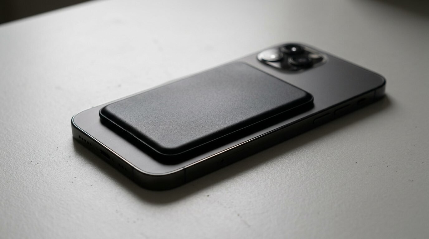 Slim credit-card-sized black gadget attached to the back of a smartphone on a light gray desk