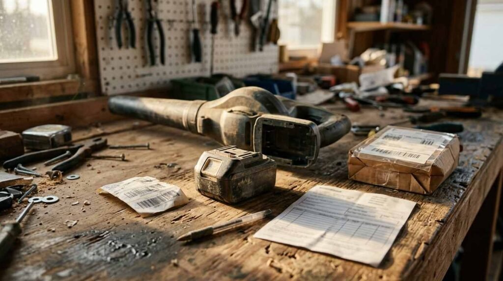 Garage workbench with a cordless blower, removed battery pack, peeled label and return paperwork