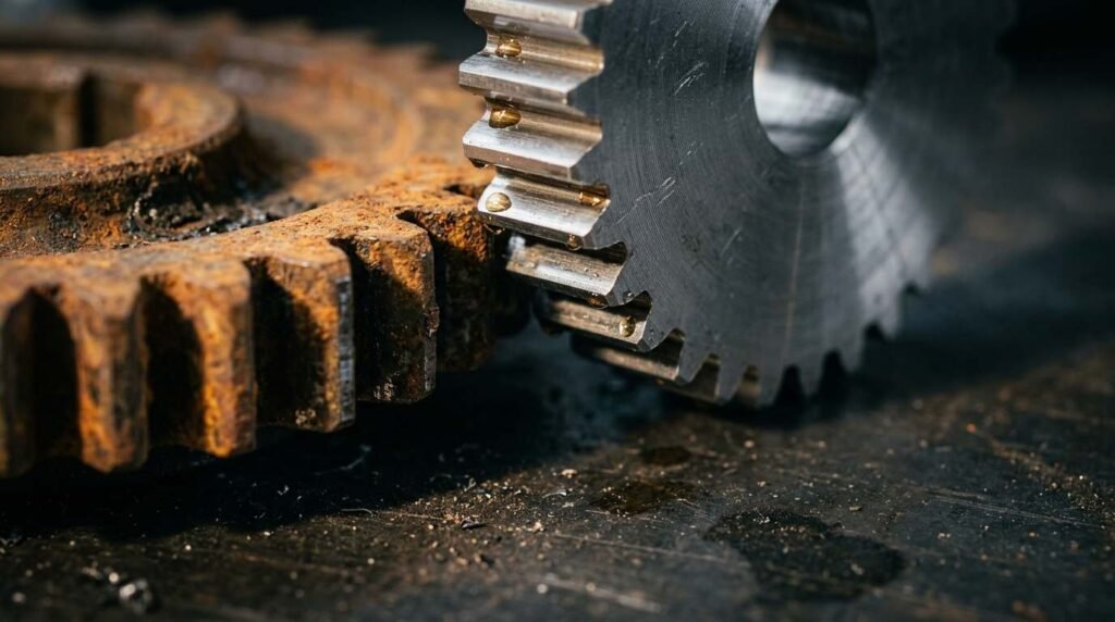 Rusted steel gear meshing with a polished silver gear