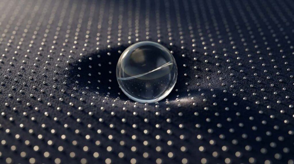 Glass bead pressing a dimple into an elastic membrane with a reflective bead grid