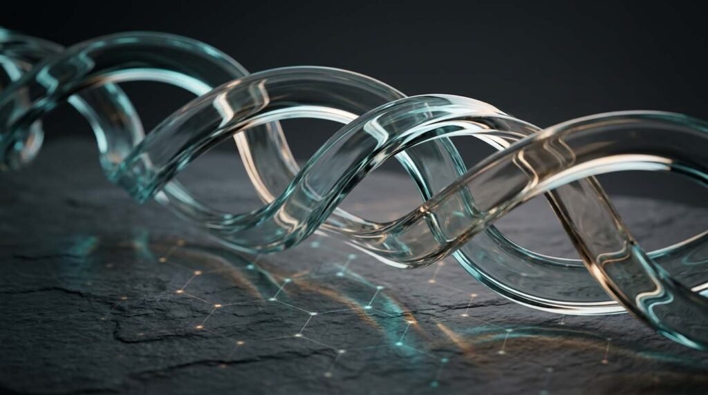 Glass-like ribbons braiding above a hexagonal lattice of glowing nodes