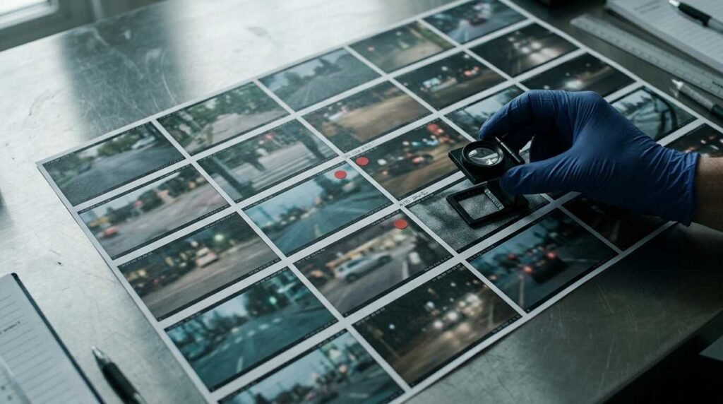Printed video stills on a steel table with red adhesive dots and a gloved hand holding a loupe