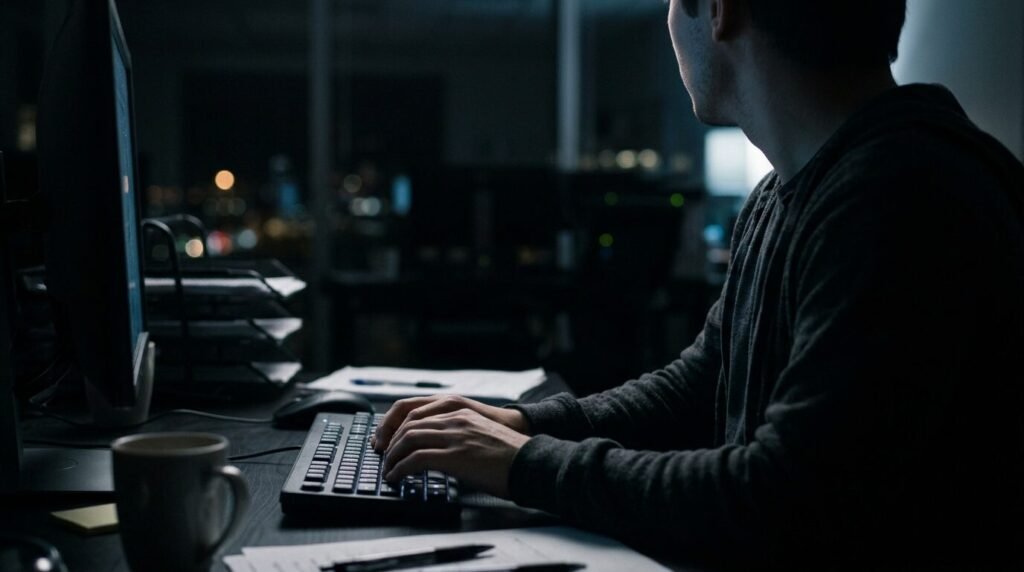 Hands typing at a keyboard in a dim office at night