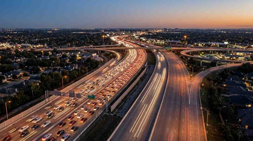 Aerial view of a highway express lane at dusk