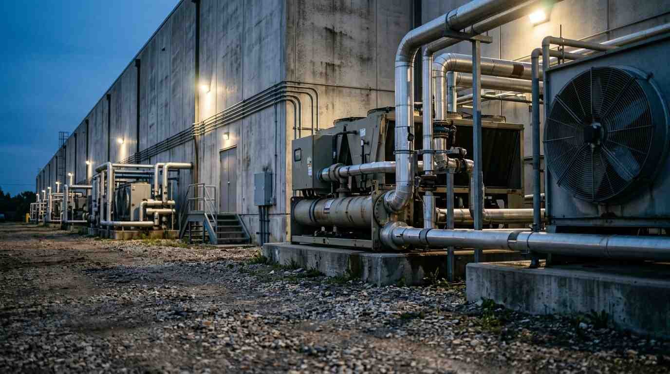 Large industrial cooling fans and chiller units along the side of a concrete building at blue hour
