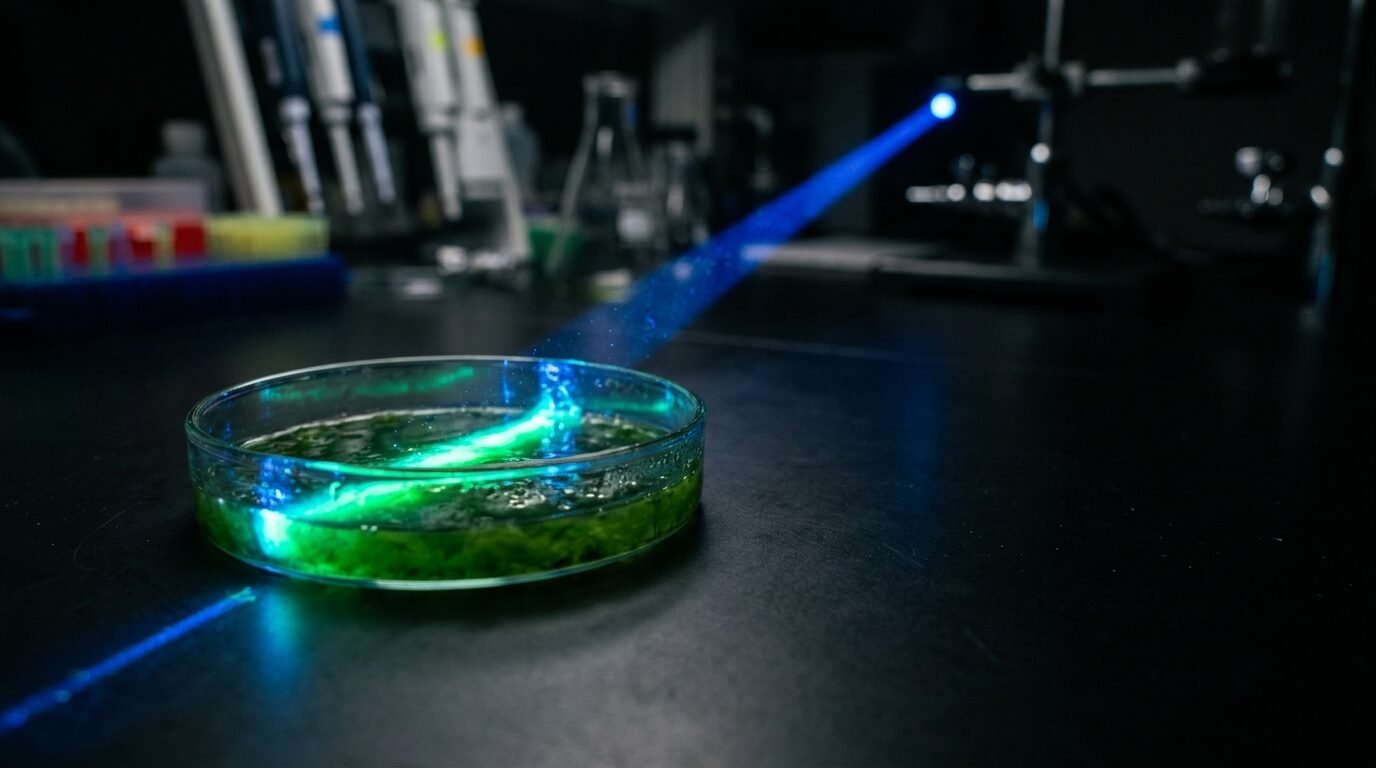 LED light striking an algae culture in a petri dish