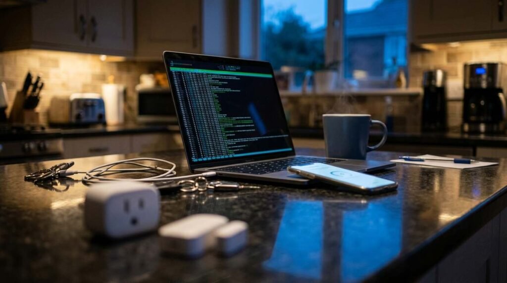 Laptop with a terminal window and a phone with a pairing screen on a kitchen counter