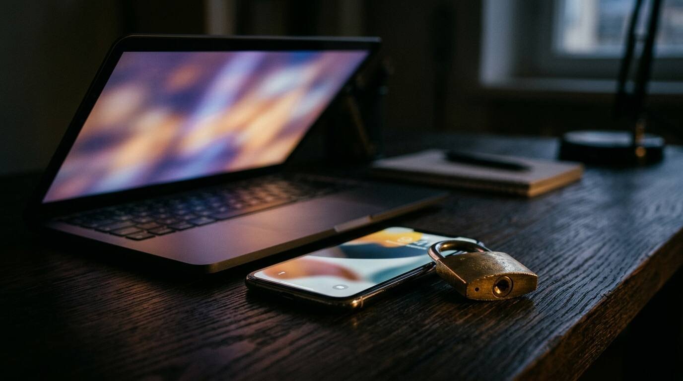A laptop and smartphone on a dark wooden desk at night with a brass padlock beside them