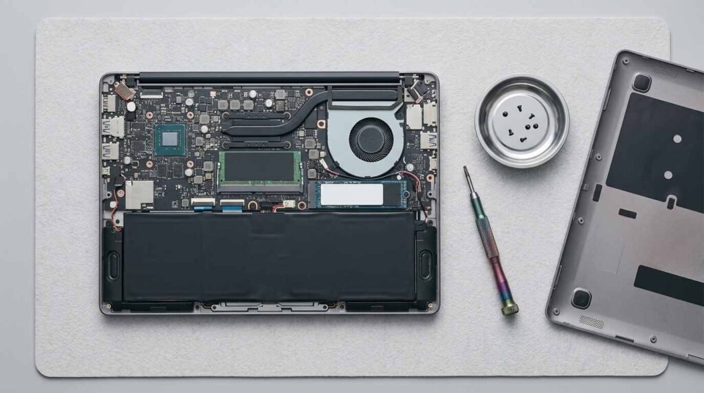 Laptop with its bottom cover removed showing motherboard, memory, M.2 drive and battery